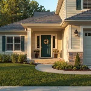 This is the cover photo - A realistic photo of a modern, inviting suburban home with a well-kept lawn, a freshly painted front door, and natural daylight. Style: realistic photography, warm and welcoming.
